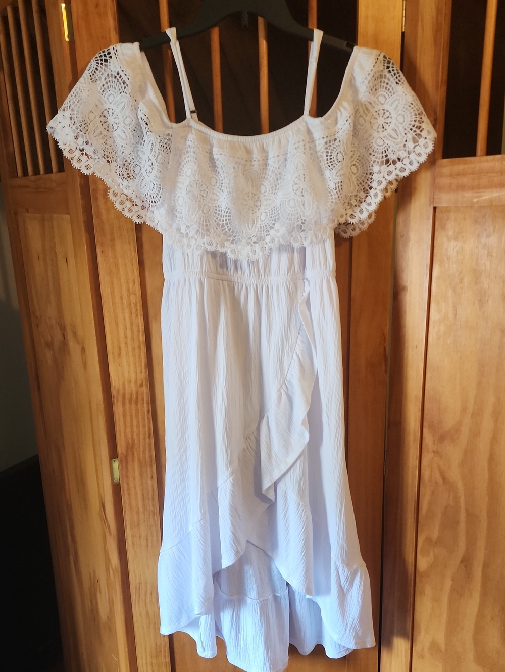 No Boundaries White Off-Shoulder High-Low Dress with Lace